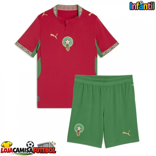 Camisa de Futebol Marrocos Equipamento Principal Infantil Mundo 2026 Manga Curta (+ Calças curtas)